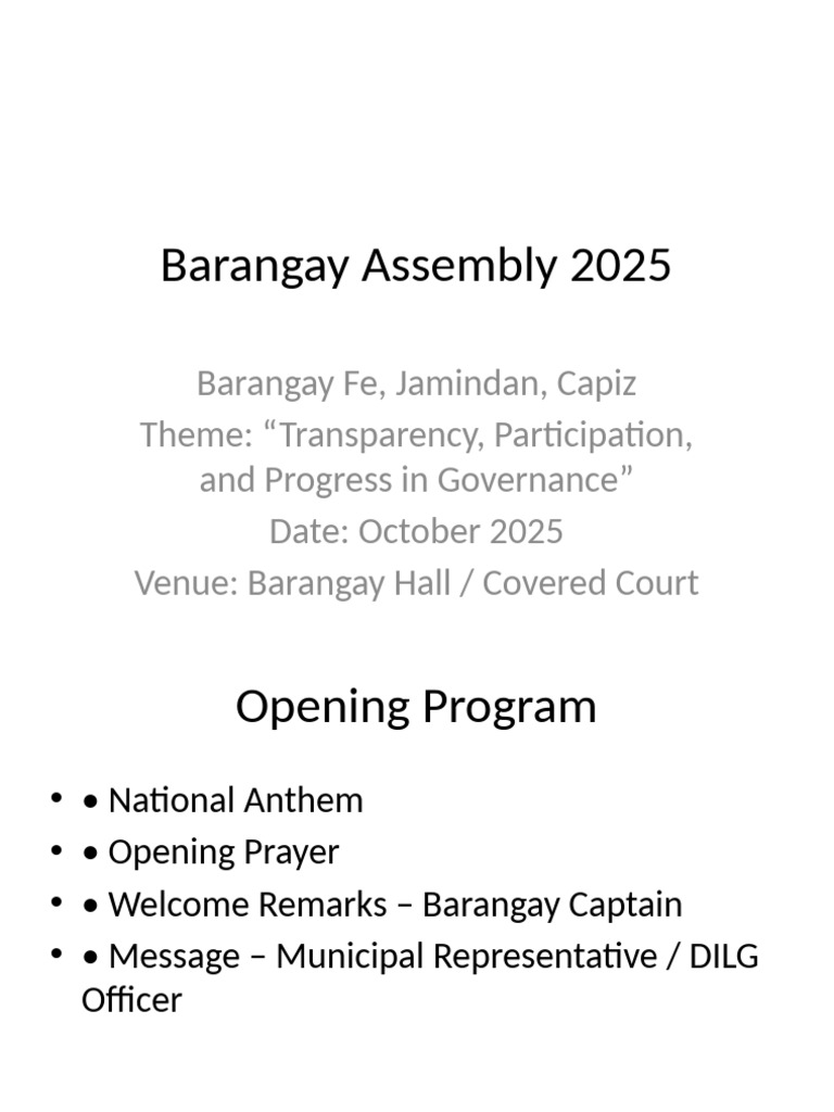 Barangay Assembly 2025 Program Overview | PDF