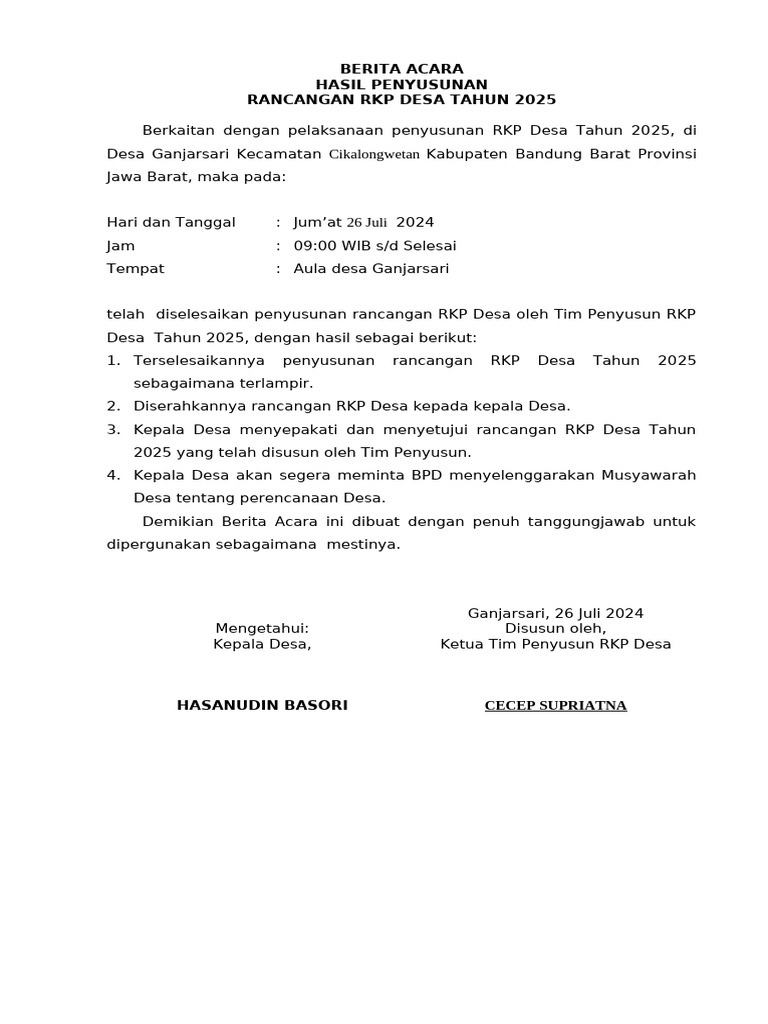 Berita Acara RKP Desa 2025 | PDF