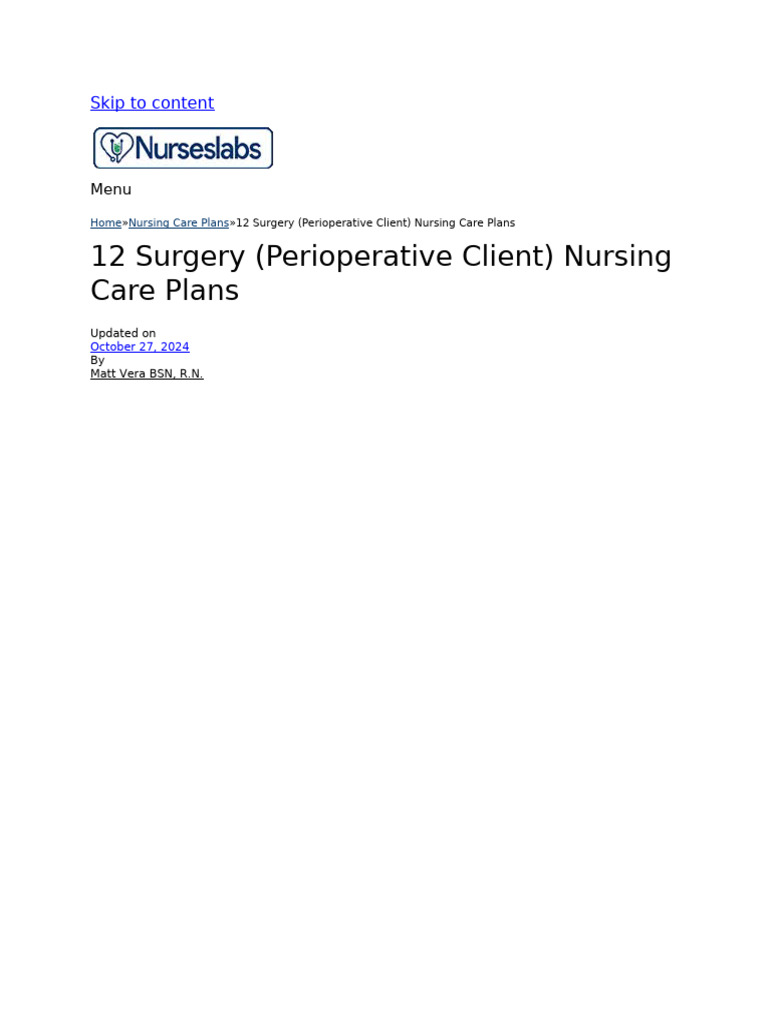 12 Perioperative Nursing Care Plans | PDF | Surgery | Anesthesia