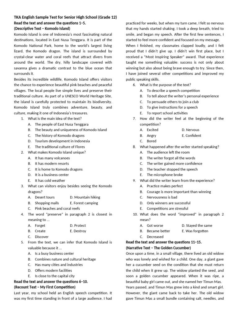 TKA English Sample Test for Senior High School | PDF