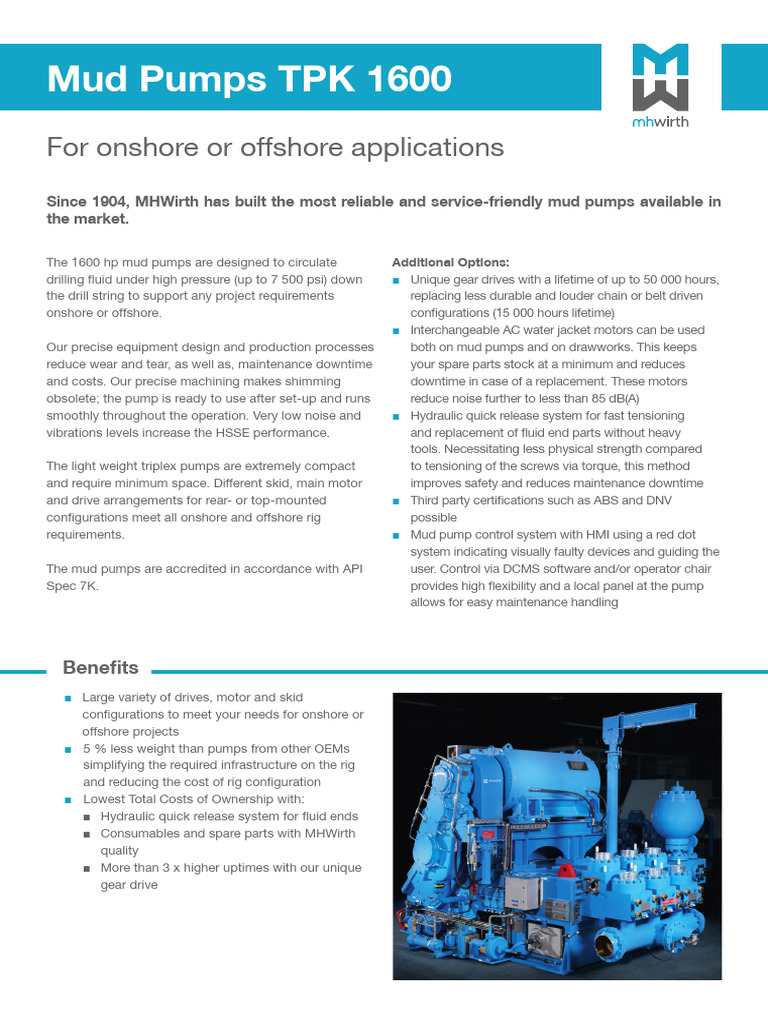 MHWirth TPK 1600 Mud Pumps Overview | PDF | Pump | Gear