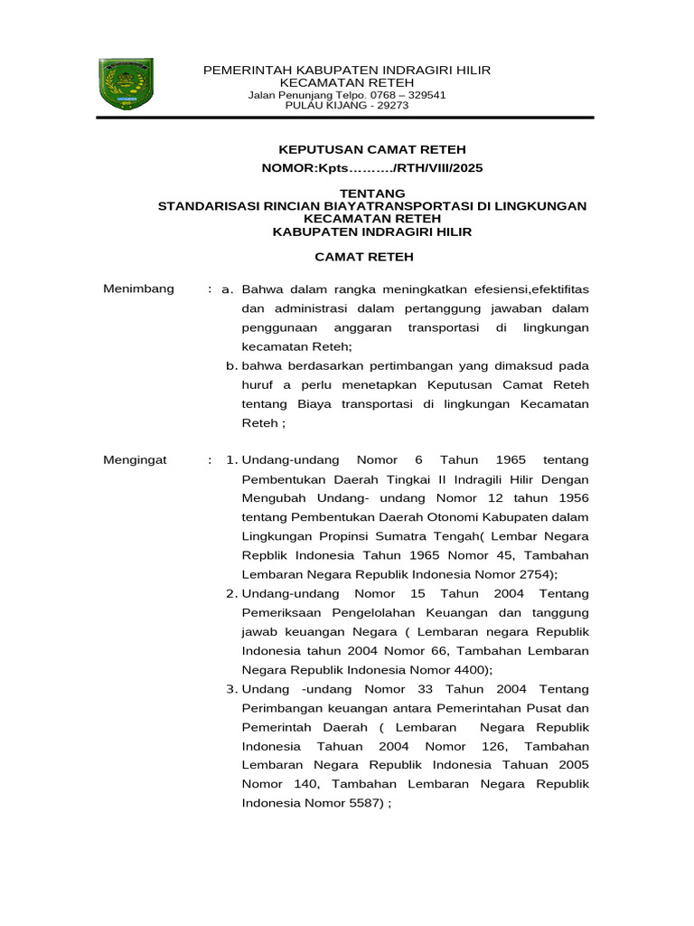Standarisasi Biaya Transportasi Reteh | PDF