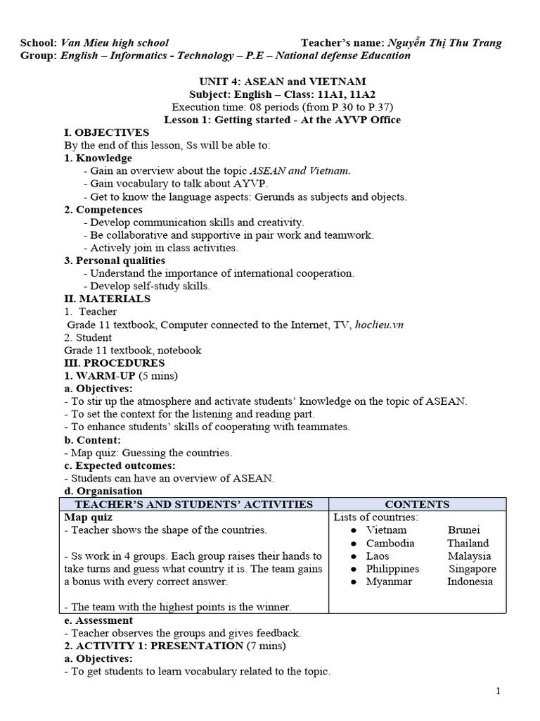 ASEAN and Vietnam: English Lesson Plan | PDF | Teachers | Vocabulary