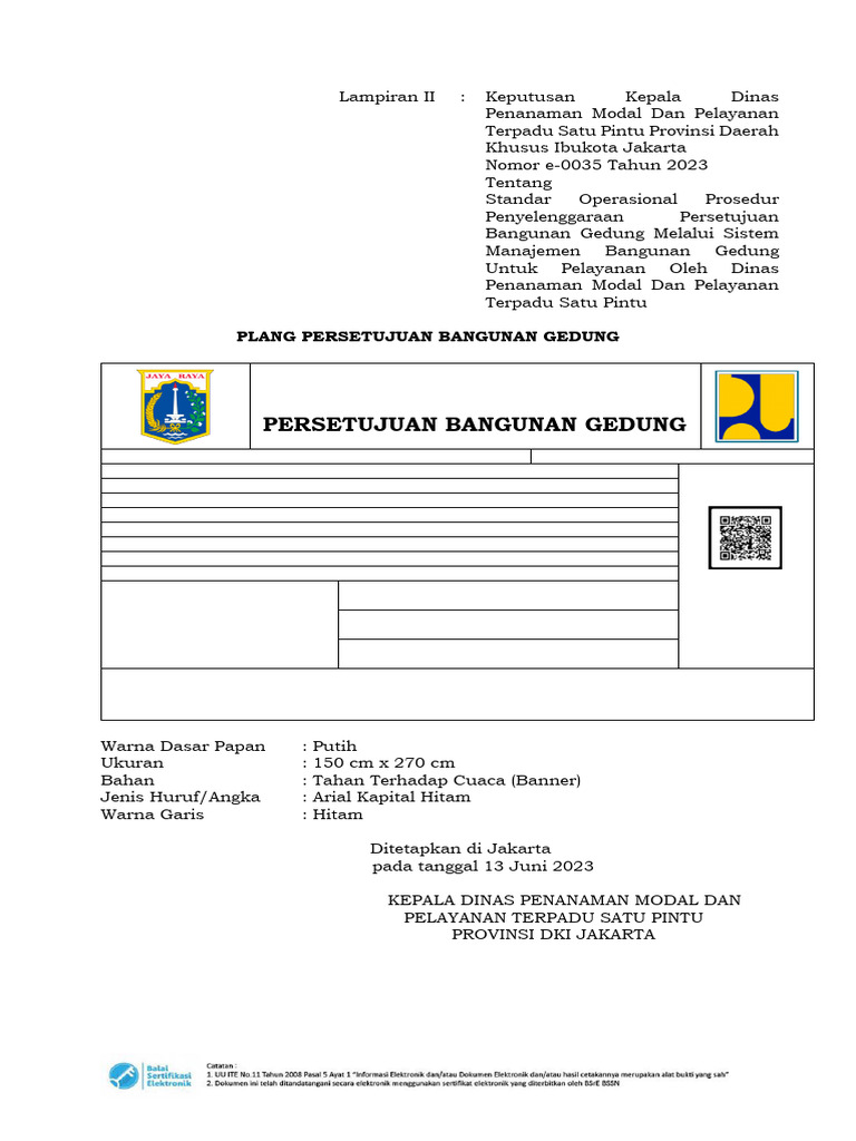 Contoh Plang Persetujuan PBG DKI Jakarta | PDF