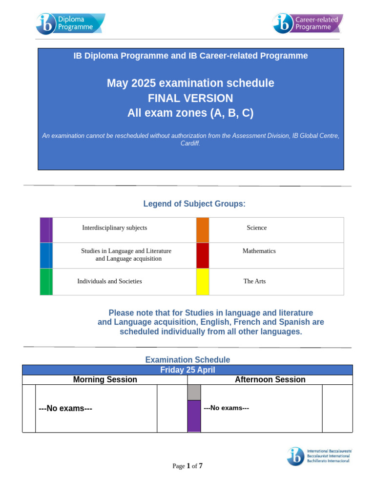 IB M25 Exam Schedule 2025 | PDF | Educational Stages | Educational ...