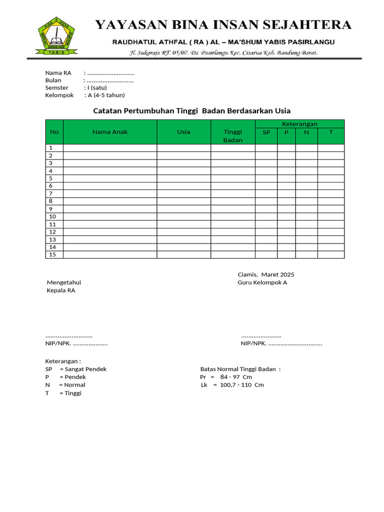 Catatan Tinggi Badan Anak RA 2025 | PDF