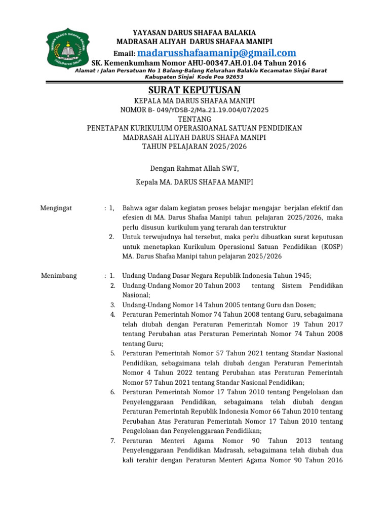 Kurikulum MA Darus Shafaa 2025/2026 | PDF