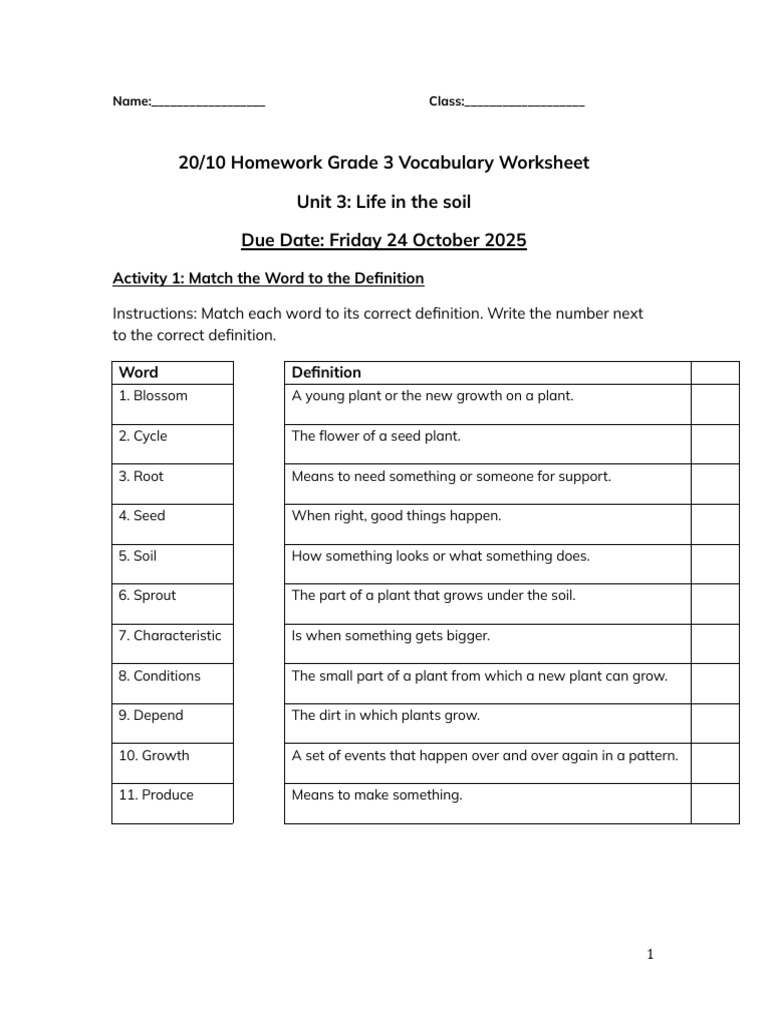 G3!20!10 HW Unit 3 Part 1 Vocabulary | PDF | Plants | Agriculture