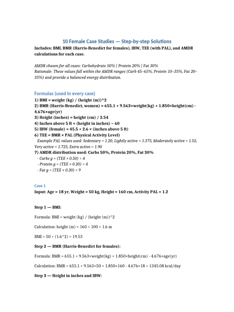 Female Nutrition Case Studies & Calculations | PDF | Body Mass Index ...