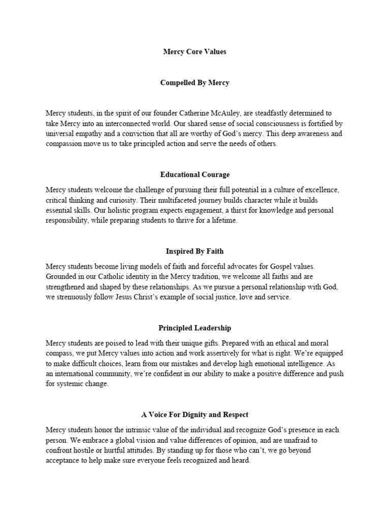 Mercy Core Values and Commitment | PDF | Mercy | Faith