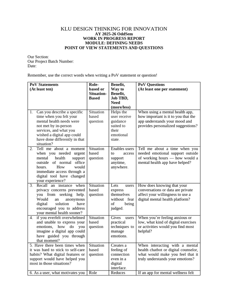 KLU DTI PoV Statements and Questions Dti 2 | PDF | Mental Health ...