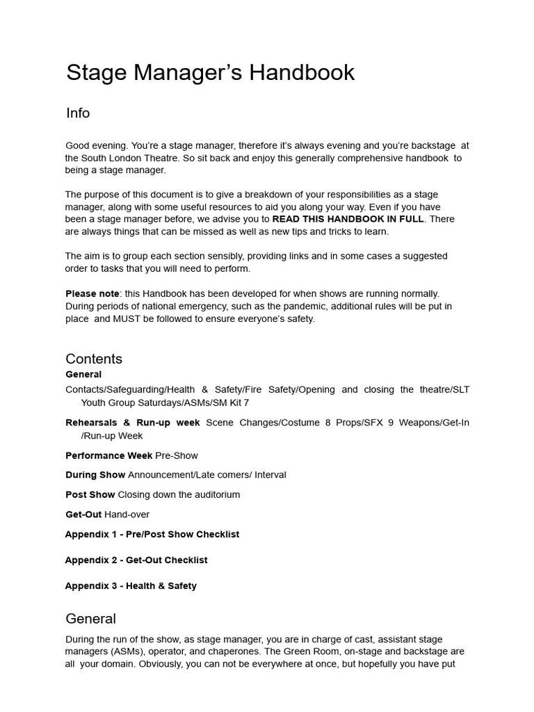 Stage Managers Handbook SLT 2022 Google Docs | PDF