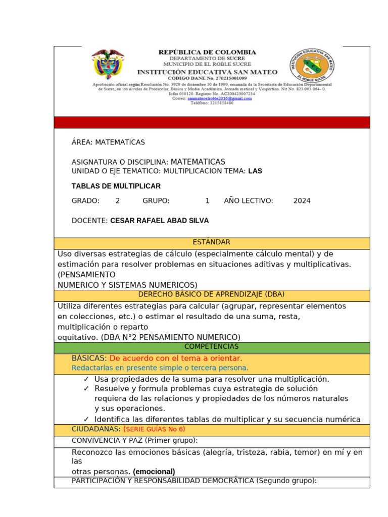 PLAN DE CLASE MATEMATICA GRADO SEGUNDO | PDF | Multiplicación | Pensamiento