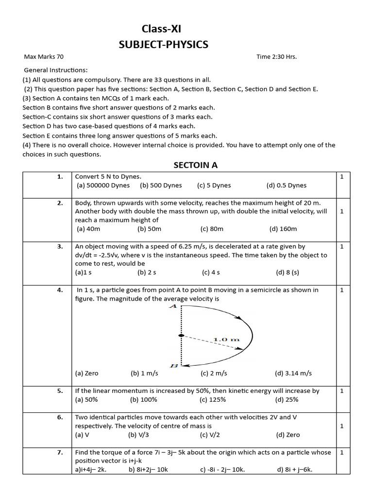 Class XI Physics Exam Question Paper | PDF | Force | Acceleration