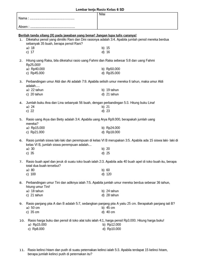 Soal Rasio untuk Kelas 6 SD | PDF