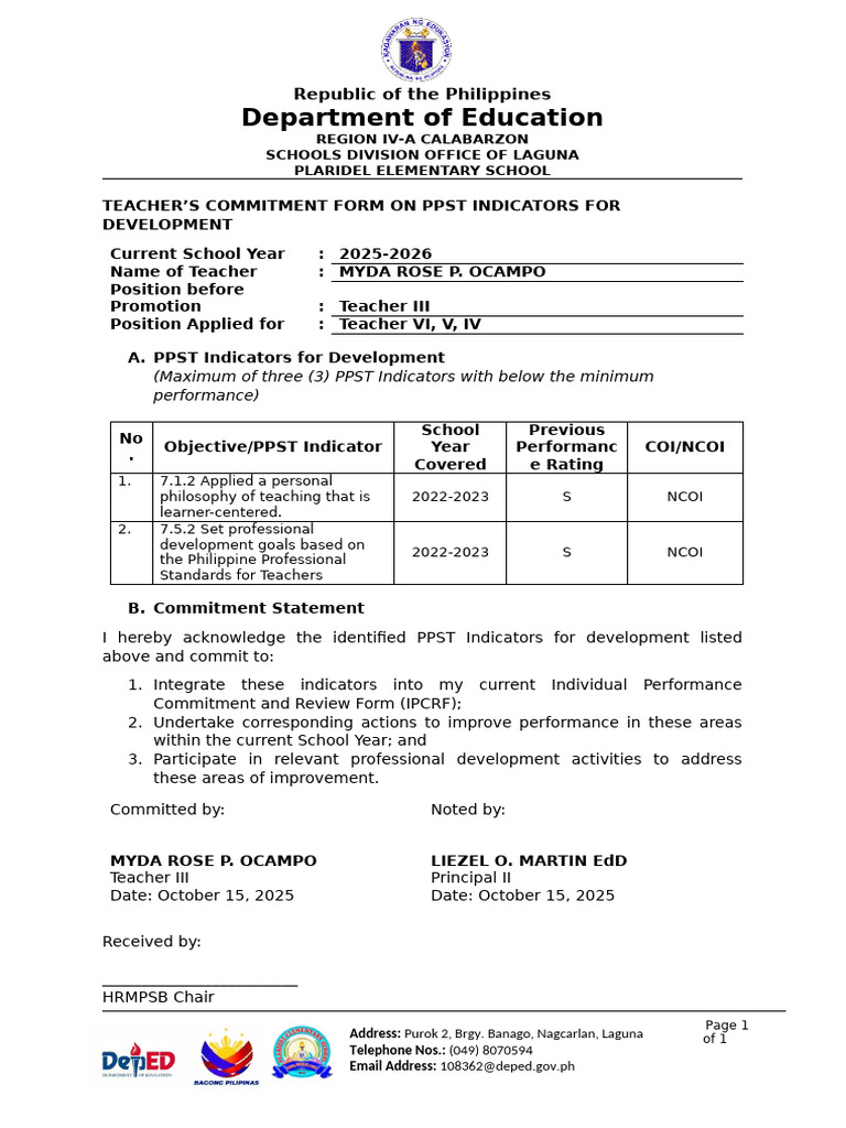 Teacher Commitment Form for PPST 2025-2026 | PDF