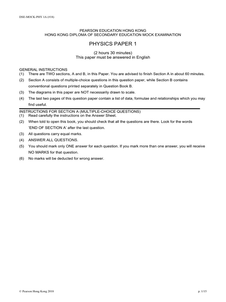 DSE Mock Paper 2018 - Paper 1A (Eng) | PDF