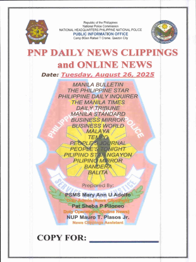PNP Pio Daily News Clippings and Online News Monitoring August 26 2025 ...