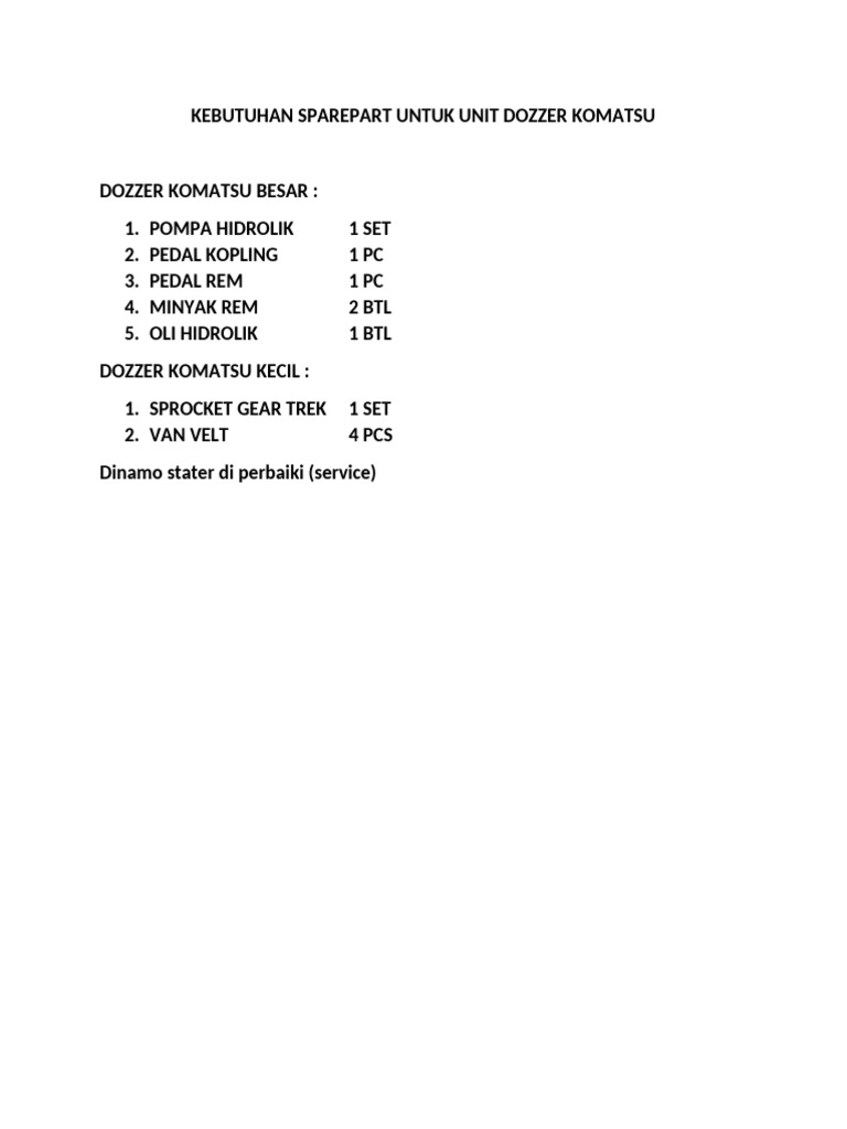 Kebutuhan Sparepart Untuk Unit Dozzer Komatsu | PDF