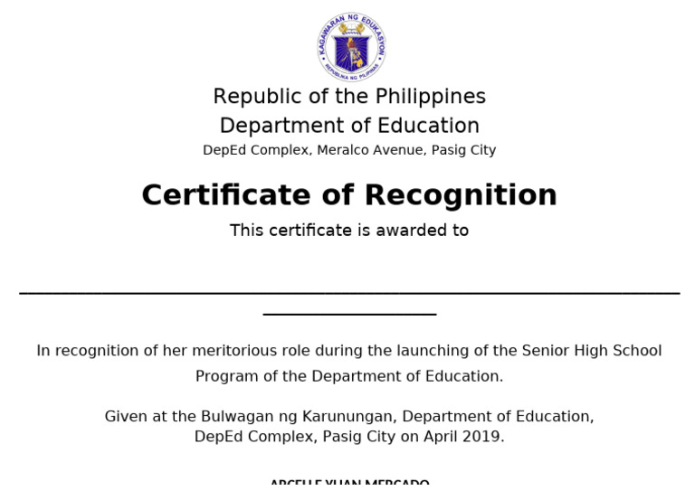 DepEd Certificate of Recognition Template | PDF