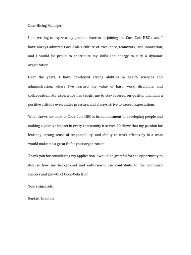Coca Cola HBC Cover Letter | PDF