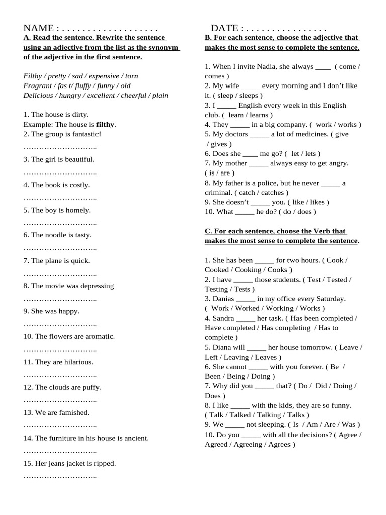 Adjective and Verb Exercise Worksheet | PDF | Chess Theory | Chess