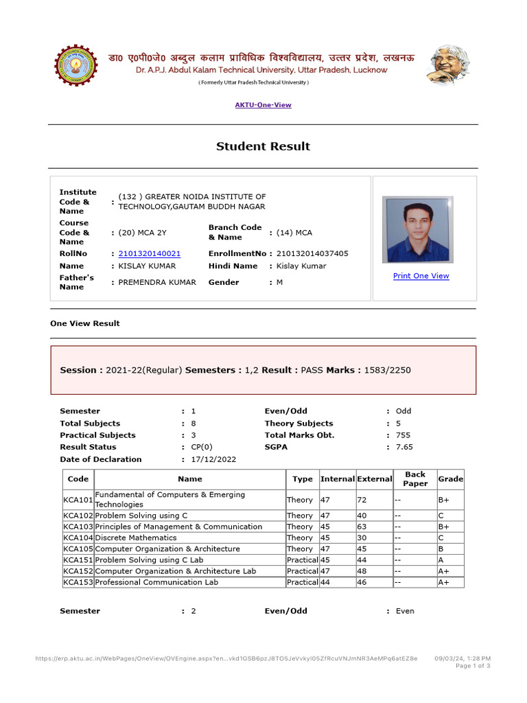 Student Result: 2101320140021 Print One View | PDF | Databases ...