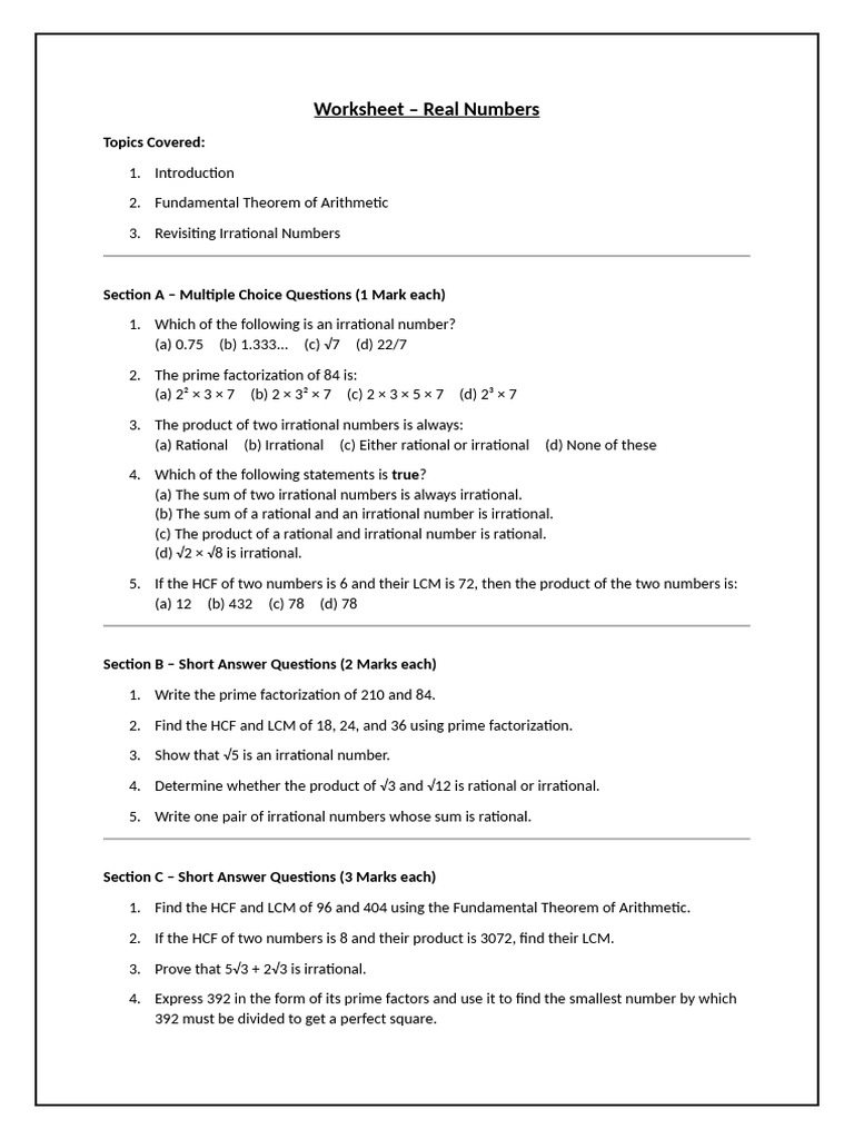 Real Numbers Worksheet with Questions | PDF | Polynomial | Numbers