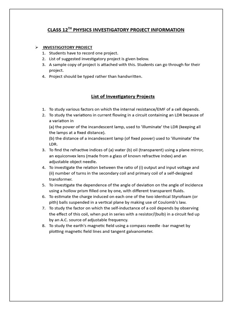Class 12 Physics Investigatory Projects | PDF