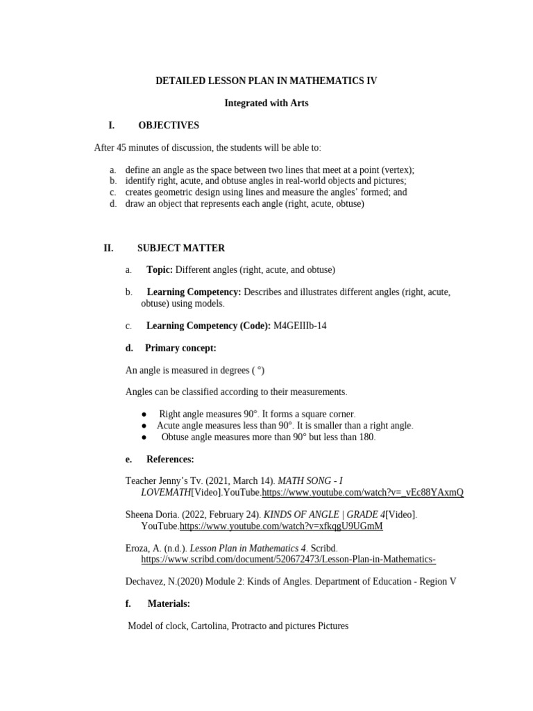 Mathematics IV Lesson Plan: Types of Angles | PDF | Angle | Elementary ...