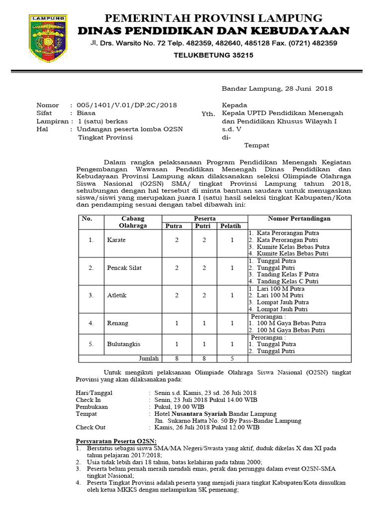 Undangan Lomba O2SN Provinsi Lampung | PDF