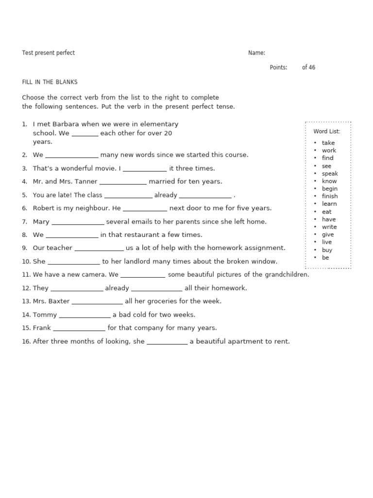 Present Perfect Tense Practice Exercises | PDF