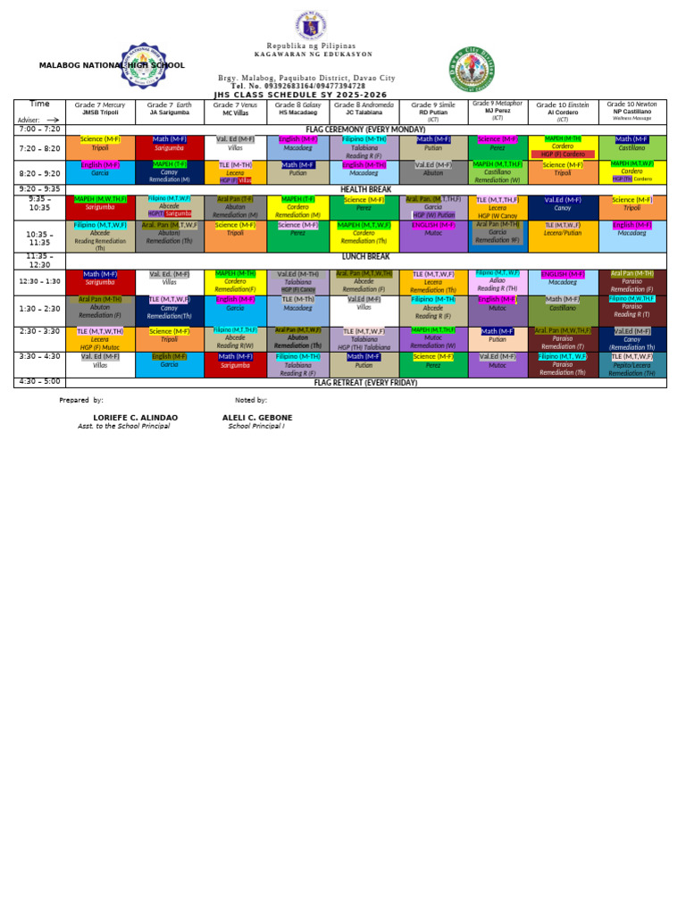 JHS Class Schedule SY 2025-2026 | PDF
