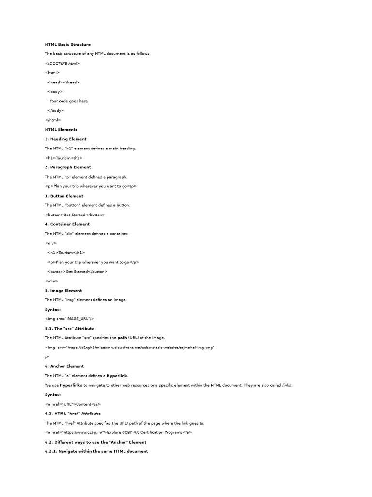 HTML Document Structure and Elements | PDF | Hyperlink | Html Element