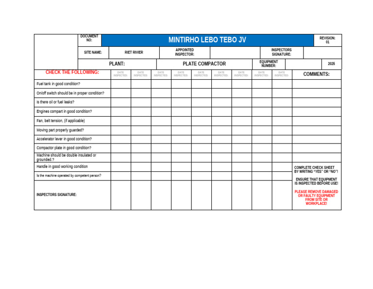 Plate Compactor Checklist | PDF