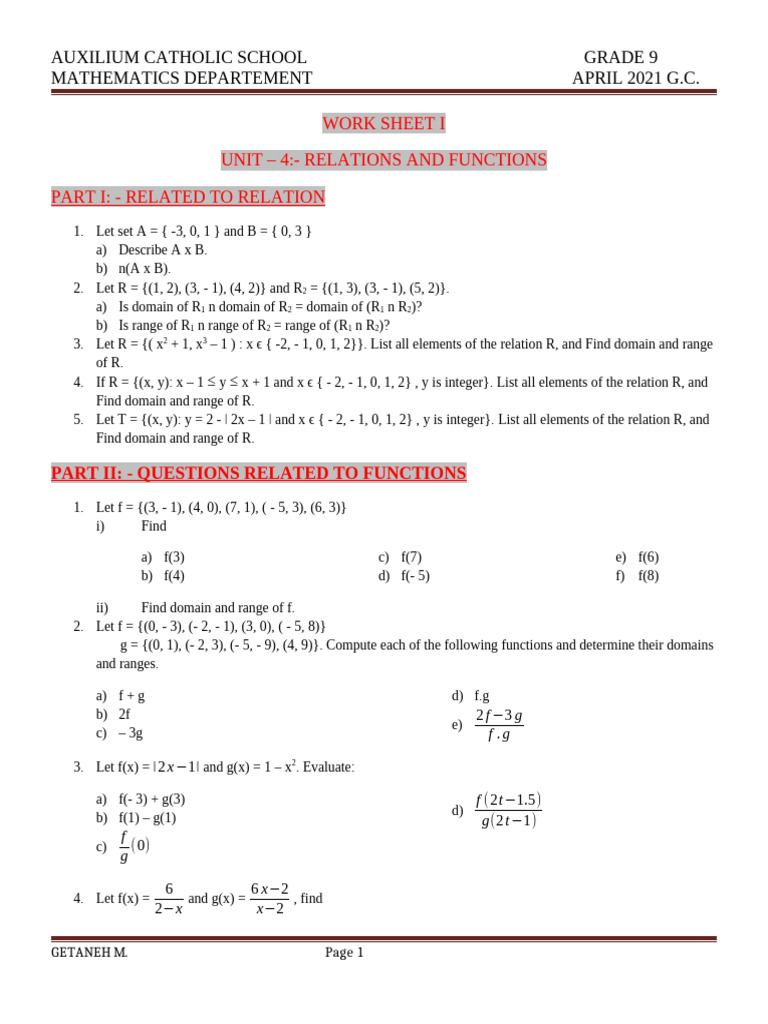 Grade 9 Math: Relations & Functions Worksheet | PDF | Mathematical ...