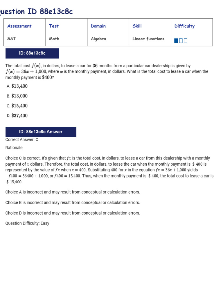 Car Leasing and Linear Functions Explained | PDF | Function ...