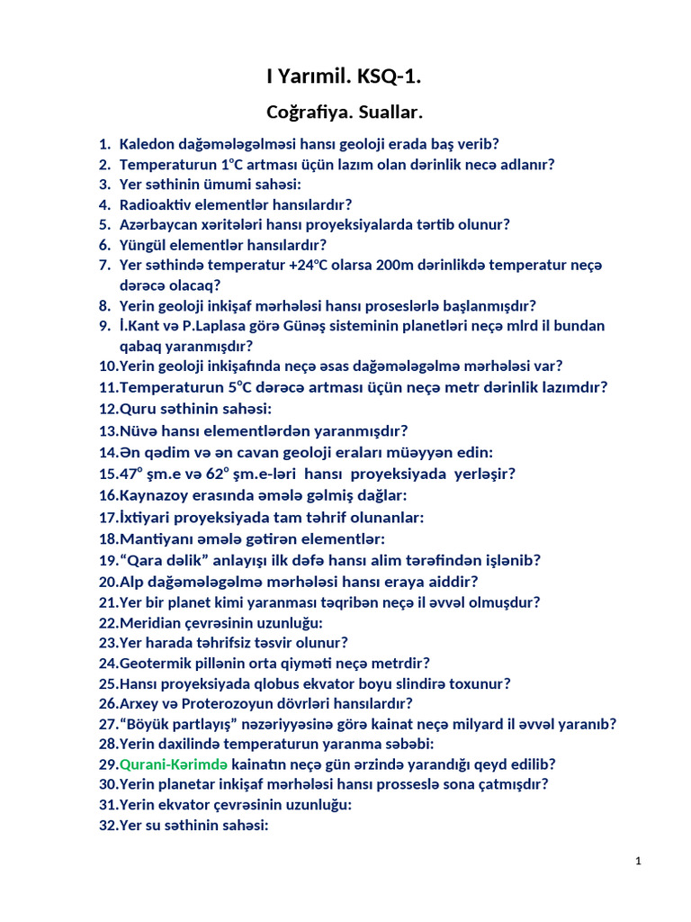 I Yarımil. KSQ-1.SUALLAR.2024-25. | PDF