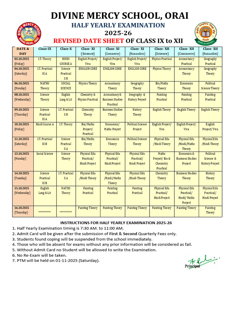 Revised Date Sheet Half Yearly Exam 2025-26 9 To 12 | PDF | Chess Theory