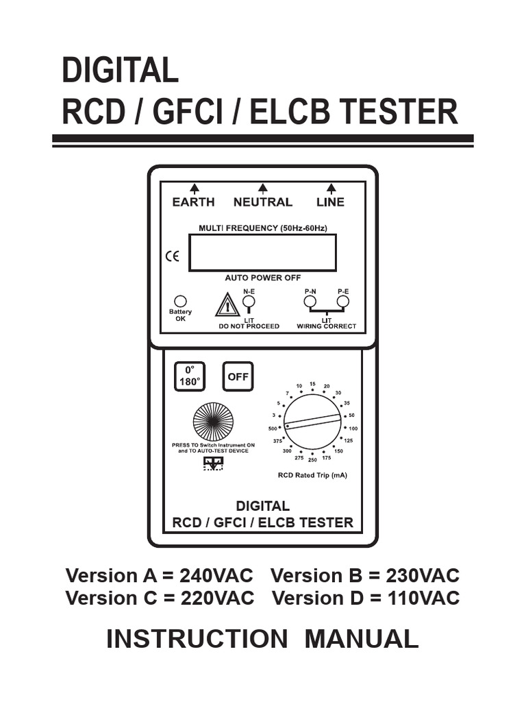 Digital RCD/GFCI/ELCB Tester Manual | PDF | Liquid Crystal Display | Switch