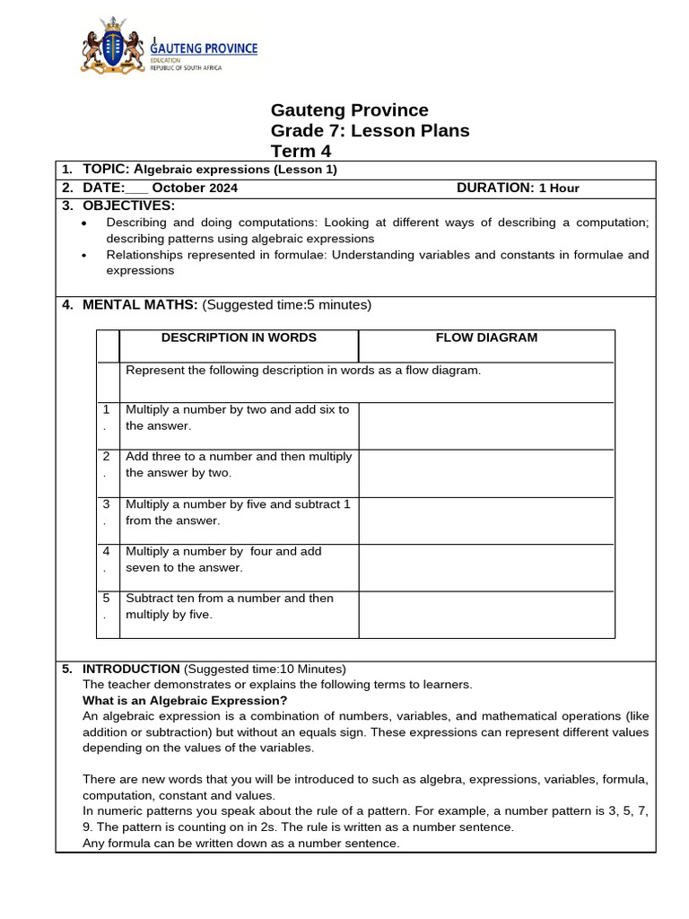 Grade 7 Algebraic Expressions Lesson Plan | PDF | Numbers | Variable ...