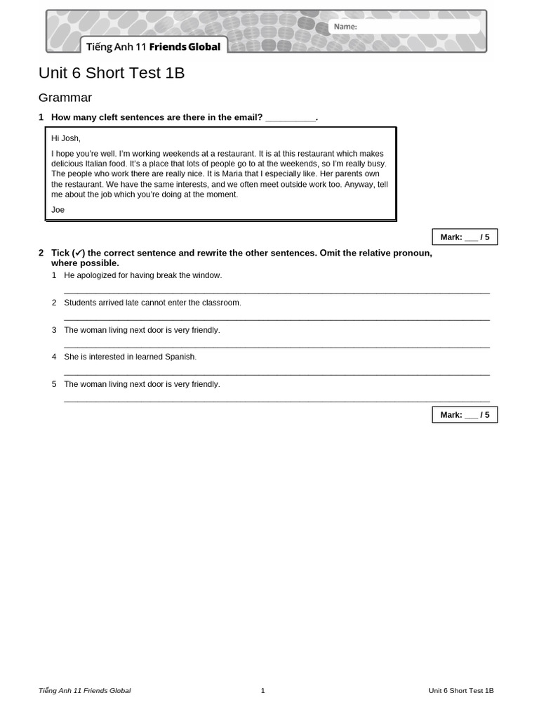 Unit 6 English Grammar & Vocabulary Test | PDF | Grammar | Linguistics
