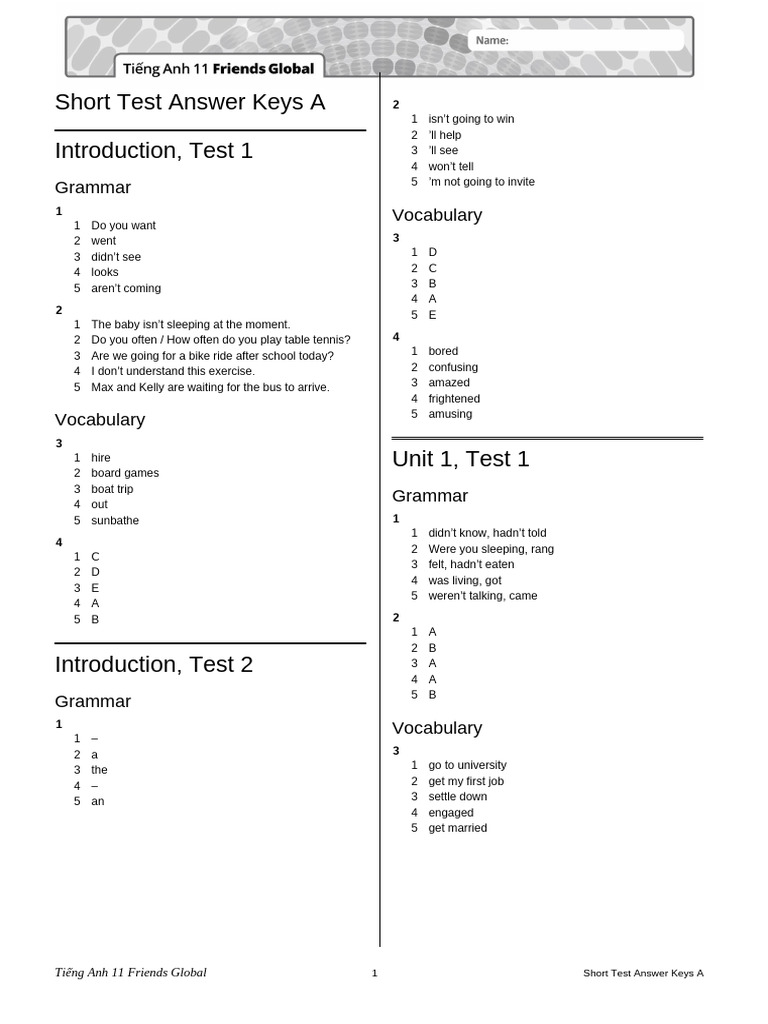 TA 11 Friends Global - Short - Test - Answer - Keys - A | PDF