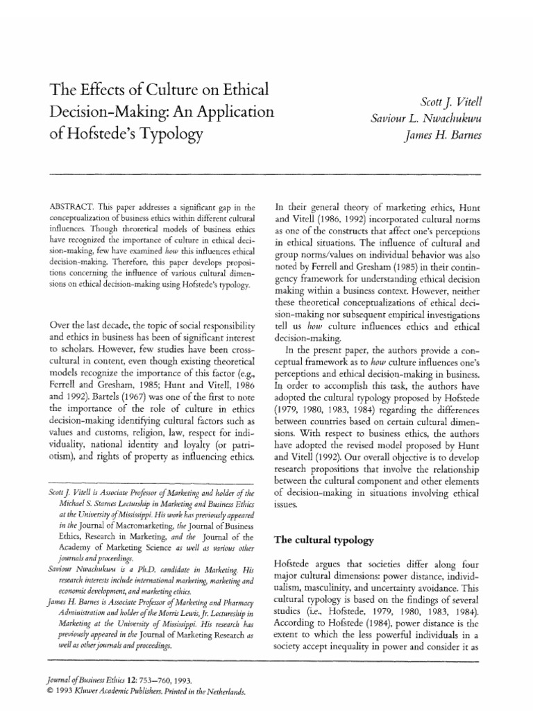 The Effects of Culture On Ethical dECISION mAKING - Applying Hofstede ...