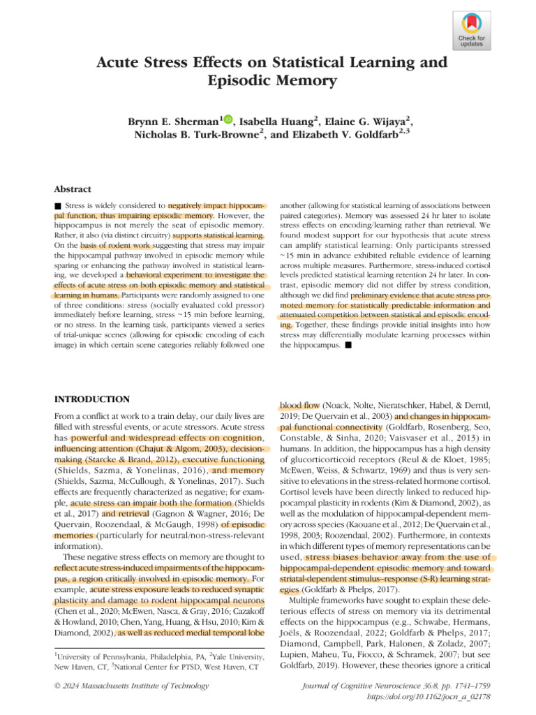 Acute Stress Effects On Statistical Lea | PDF | Memory | Mental Processes