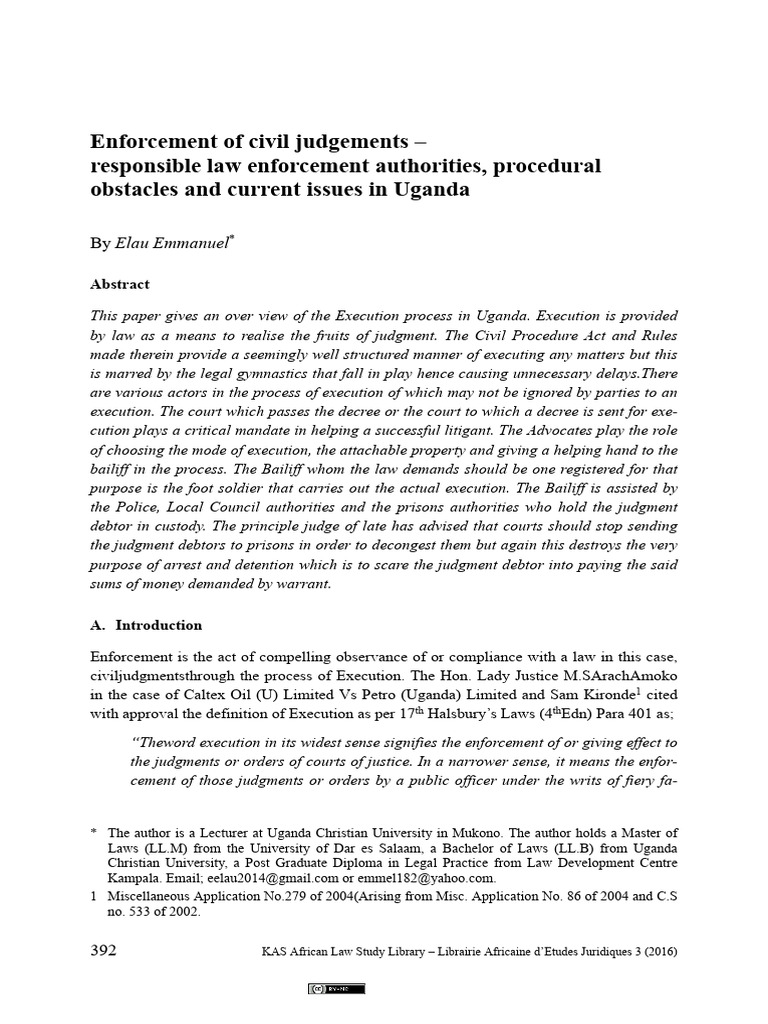 Civil Judgment Enforcement in Uganda | PDF | Judgment (Law) | Lawsuit