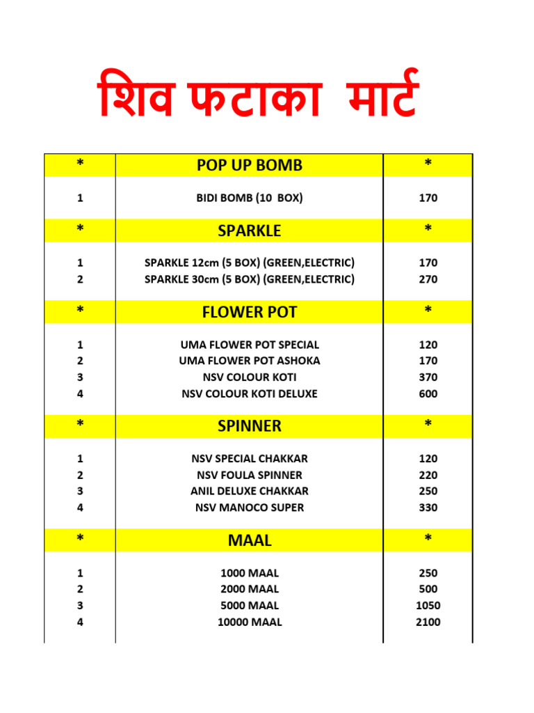 NSV Fireworks Price List | PDF