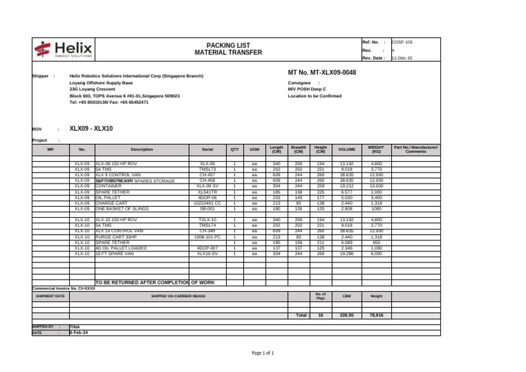 ROV Shipment Packing List and Details | PDF | Freight Transport ...