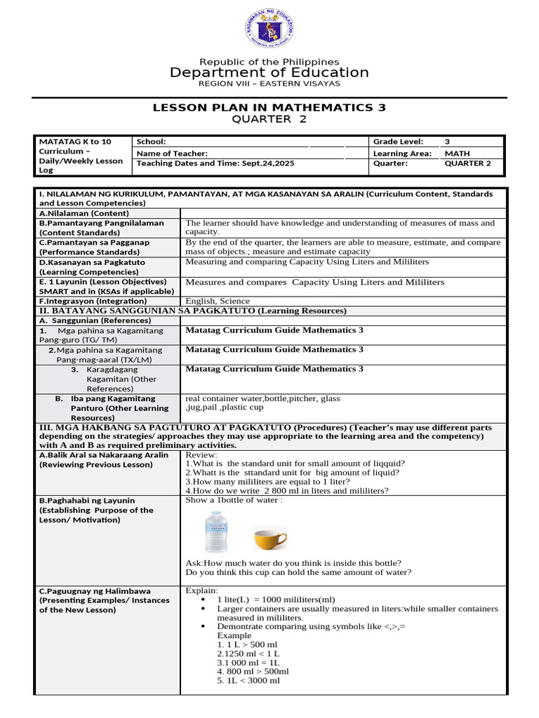 q2 Week 3 Day 4 (Mathematics 3) | PDF | Curriculum | Litre