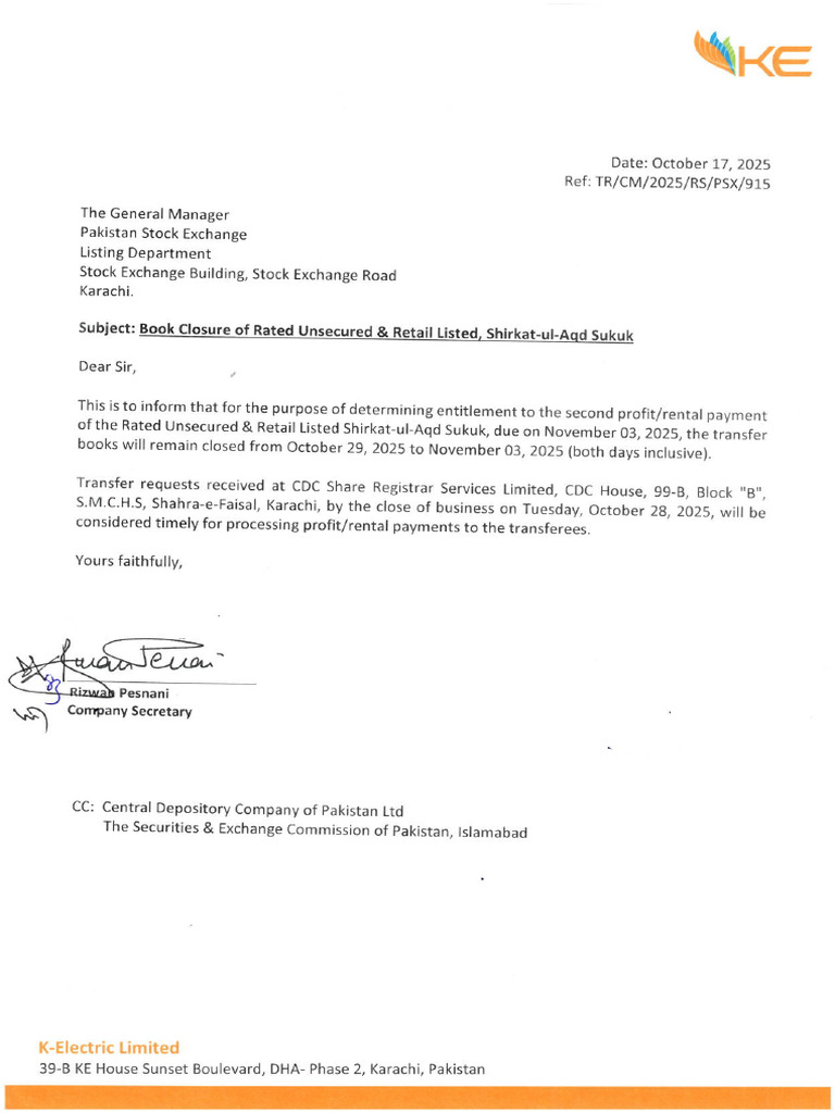 KEL-Book Closure of Rated Unsecured & Retail Listed, Shirkat-ul-Aqd ...